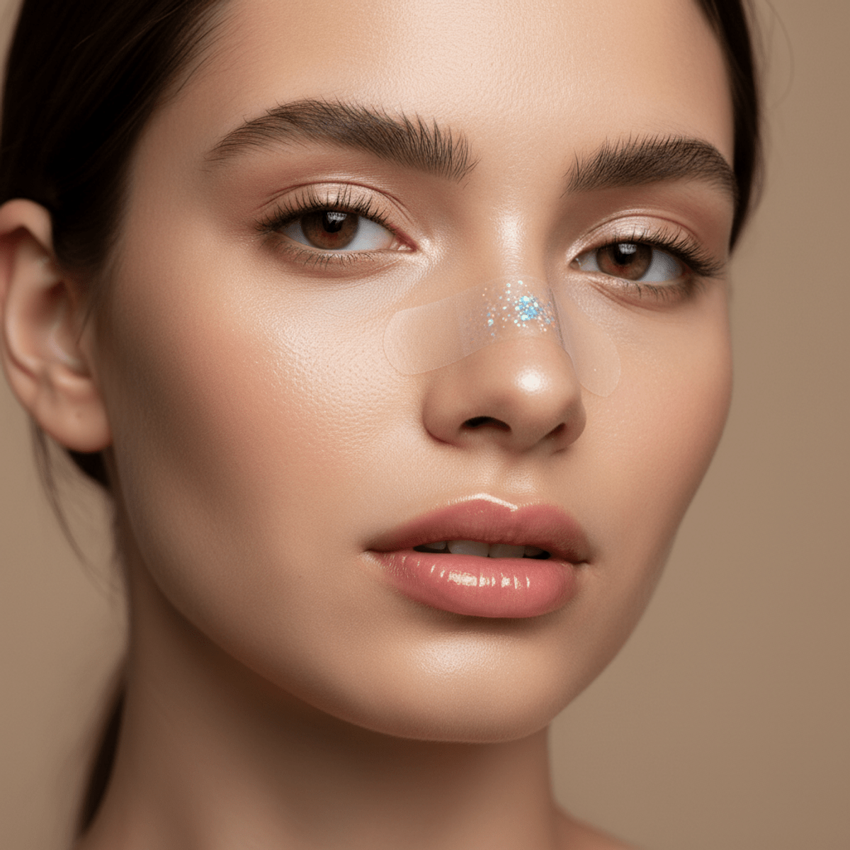 Young woman with minimalist bandaid featuring holographic glitter on her nose.