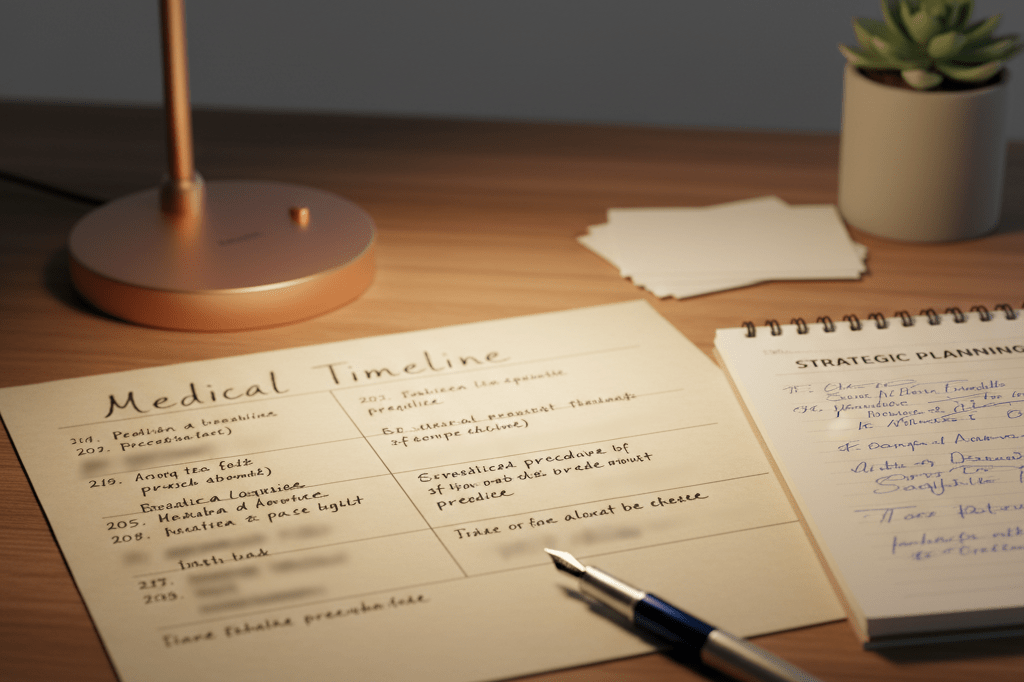Close-up view of a desk with handwritten medical timeline under warm lamp light, symbolizing transparency and strategic vulnerability