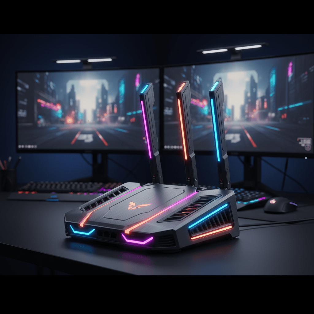 High-performance gaming router combo with RGB lighting and adjustable antennas.