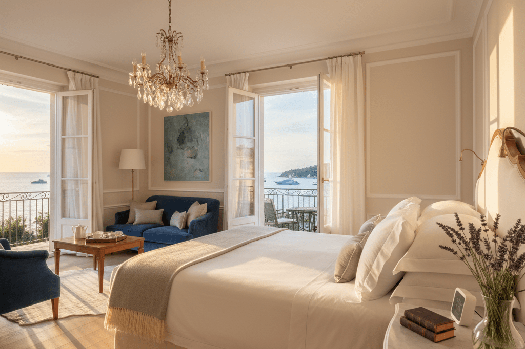 Elegant Saint-Tropez Hotel Suite Overlooking the Mediterranean Luxurious hotel suite with marble nightstand, lavender bouquet, and sea view bathed in golden-hour light