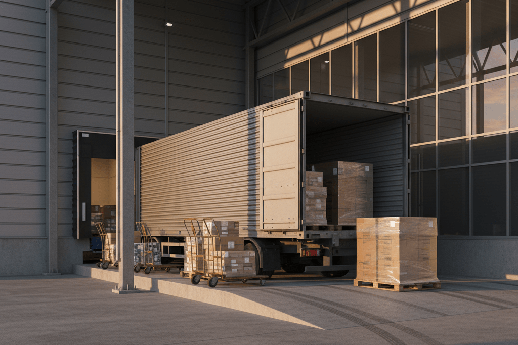 Efficient logistics operation featuring a parked commercial truck and stacked pallets under warm ambient lighting