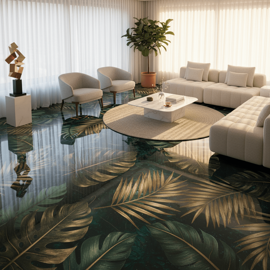 Bold residential living room with digitally printed botanical mural flooring and tropical leaves.