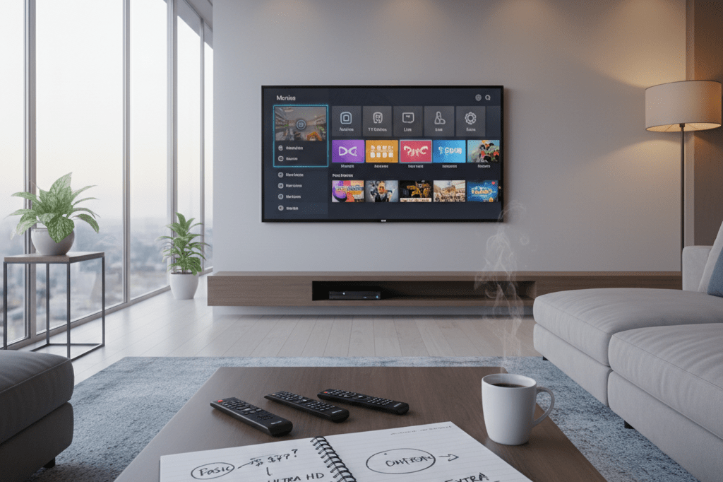 Cozy living room with TV showing streaming menu, remotes, and notebook under warm ambient light, symbolizing value assessment