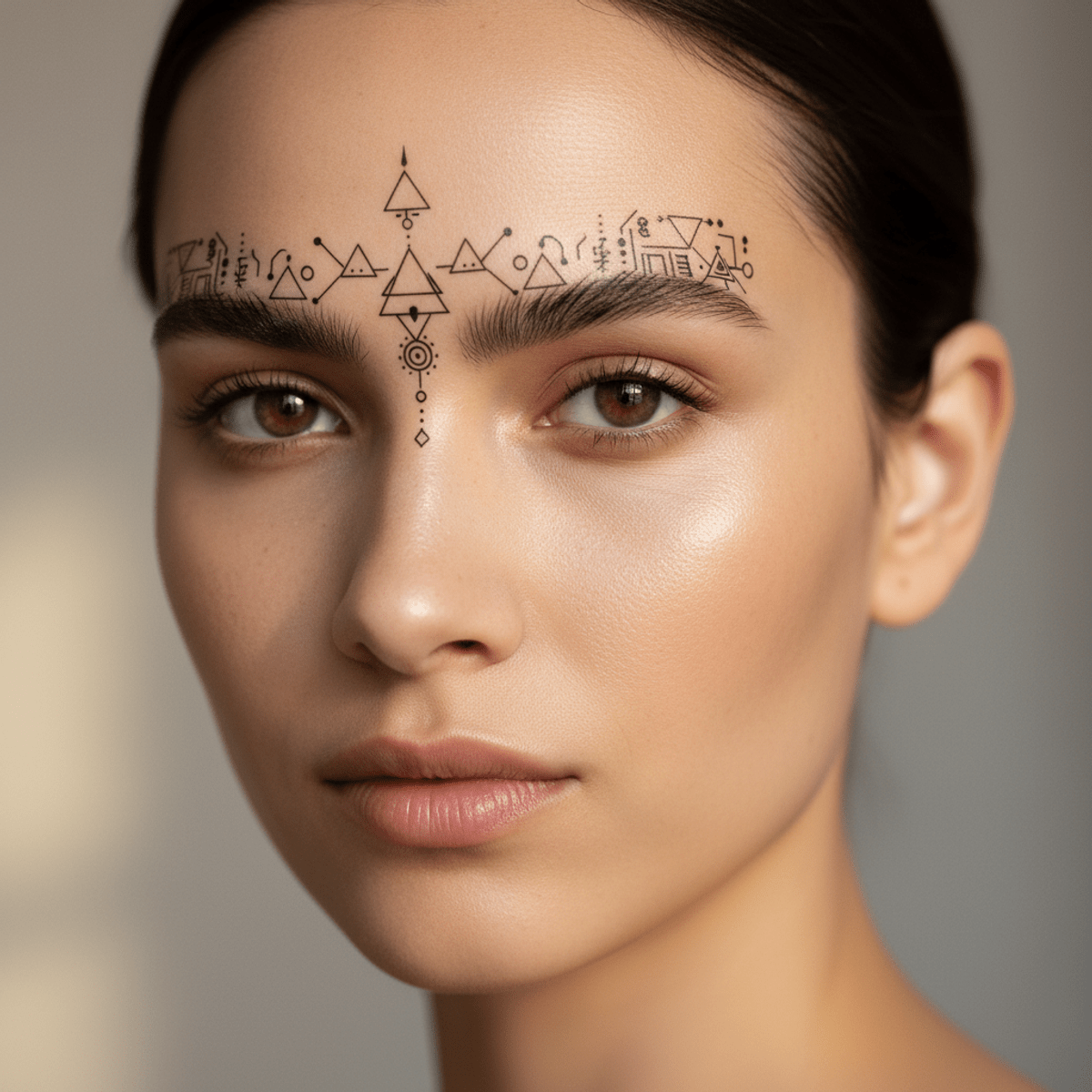 Model with a connecting unibrow temporary tattoo featuring delicate geometric shapes and abstract motifs.
