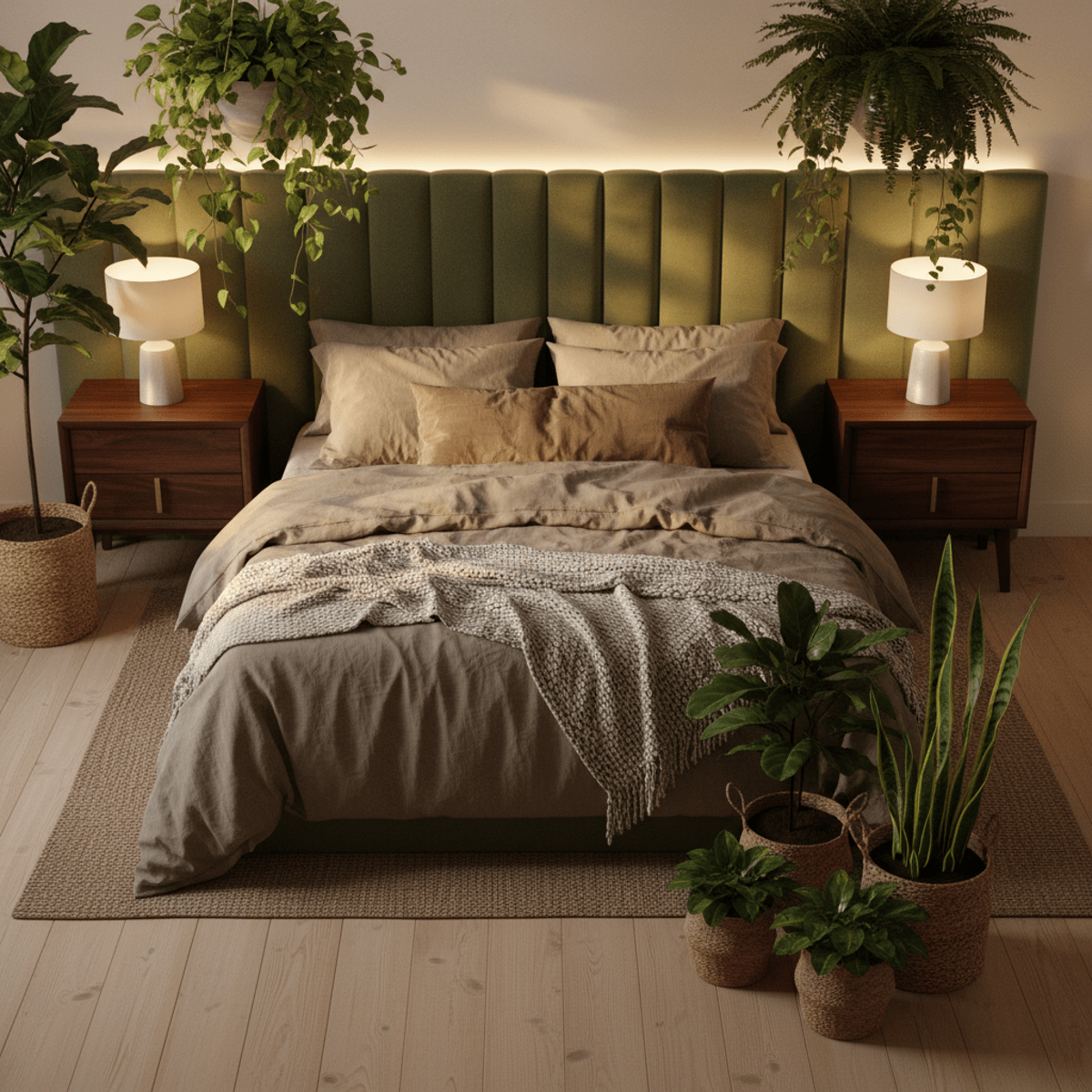 Sophisticated bedroom retreat with moss green headboard and ambient forest lighting.