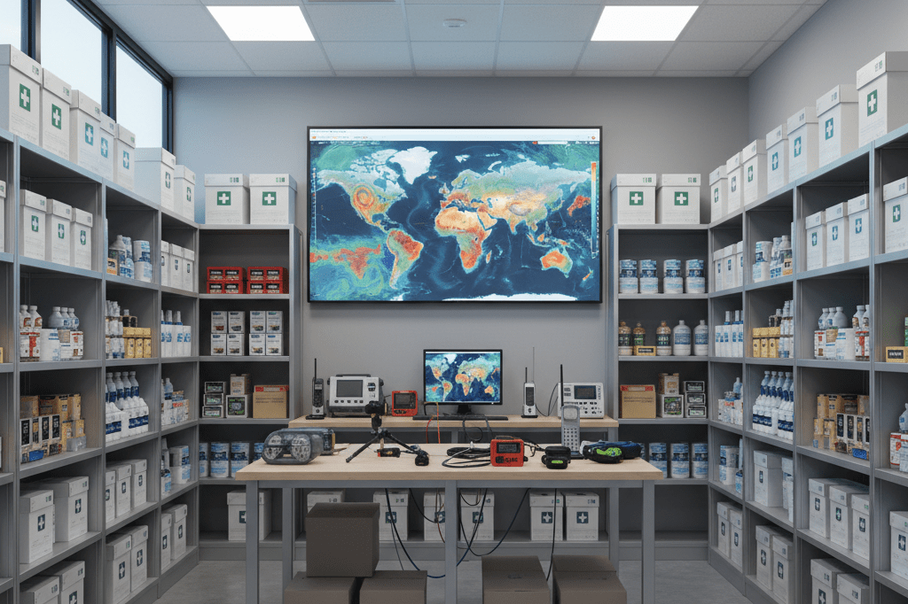 Office supply room with shelves, weather monitoring tech, and real-time data screens under blended natural and artificial light