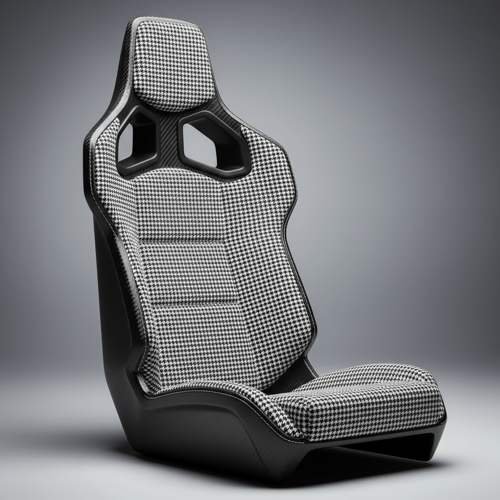 Close-up of a futuristic carbon bucket seat with houndstooth fabric.