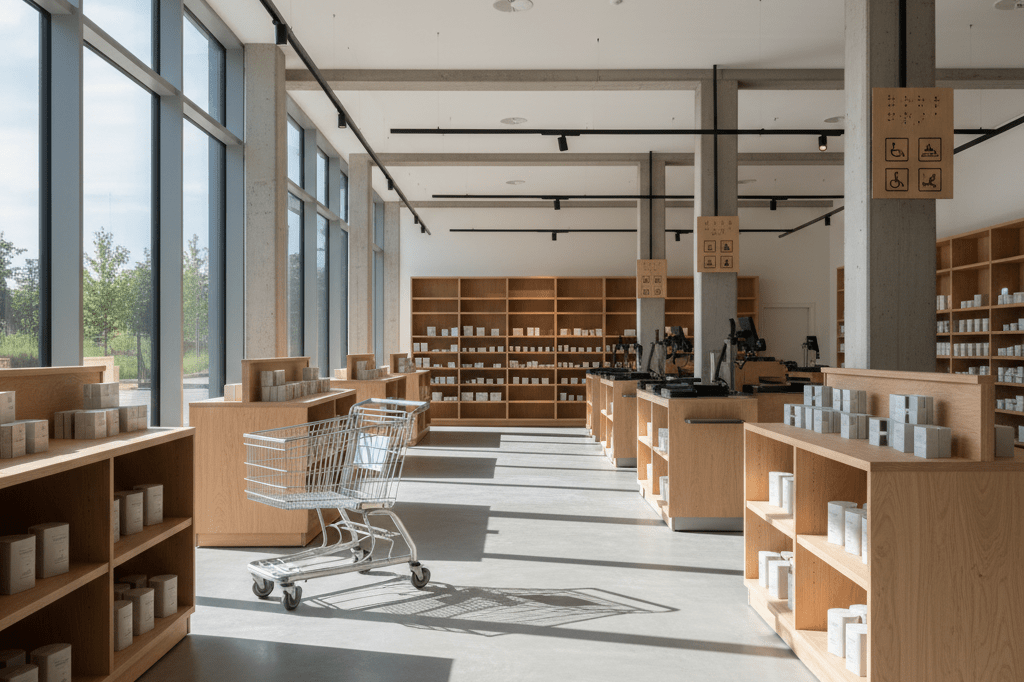 Warmly lit retail area featuring accessible design elements like wide aisles and tactile signs under natural light