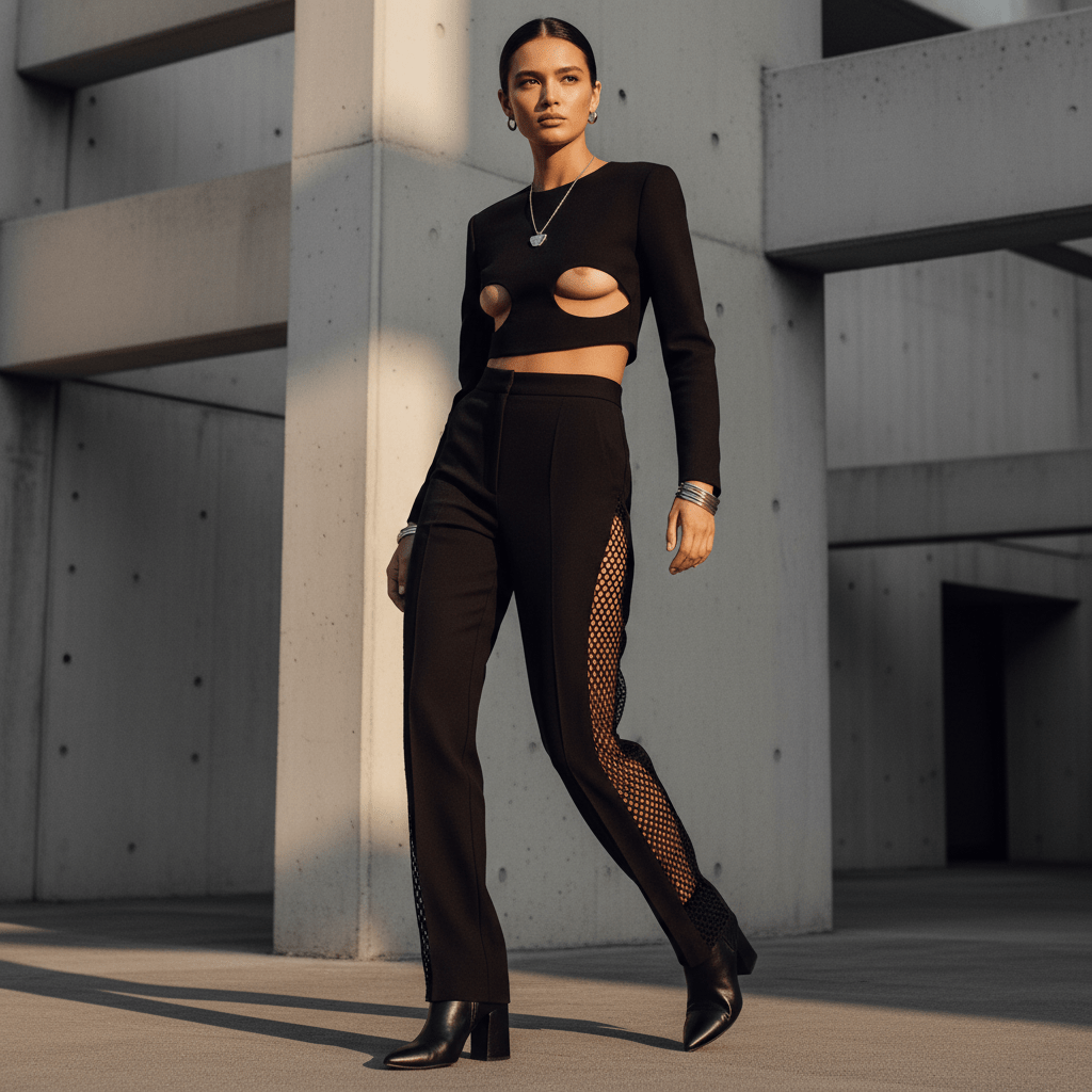 Model in tailored black trousers with mesh panels and a crescent-cutout crop top.