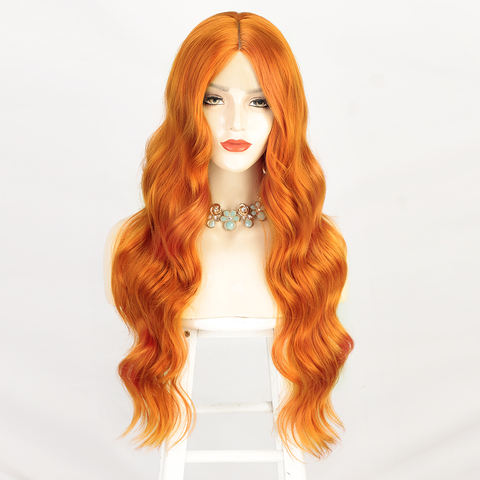粗壮的橙色高温纤维中间深波头发假发合成蕾丝前假发女性中间部分us$