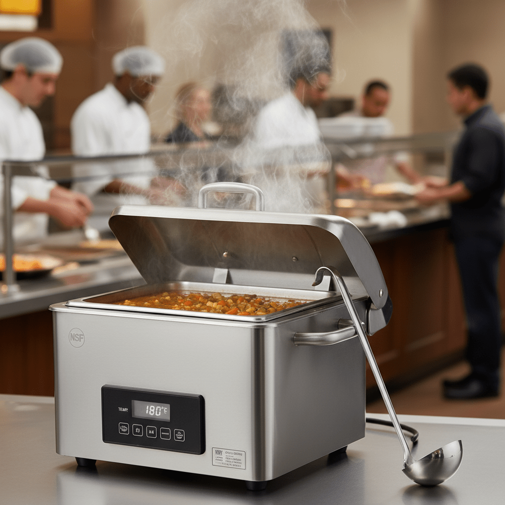 Stainless steel soup warmer with steam rising in a busy cafeteria.