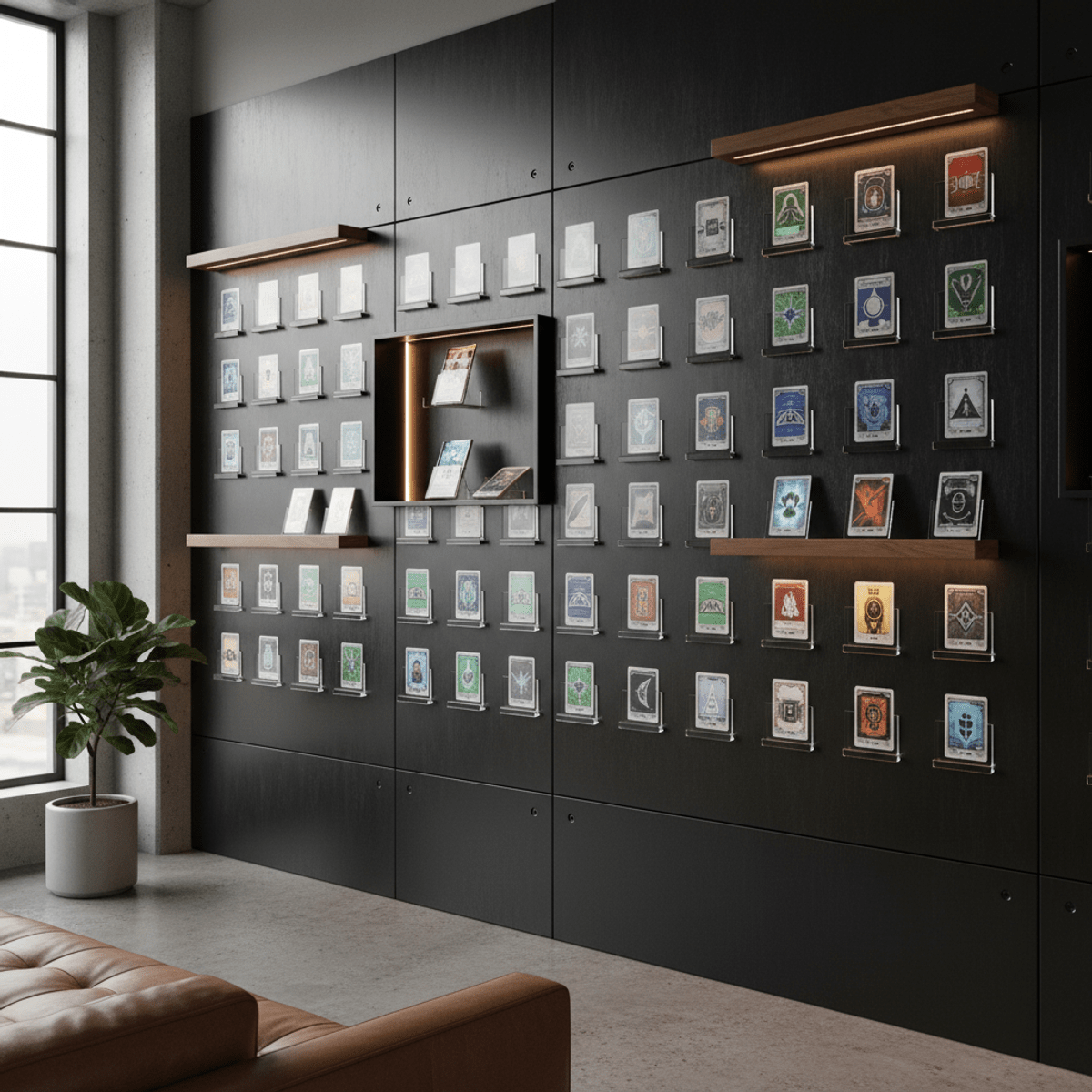 Modular pegboard system for trading cards with wooden shelves and clear holders.