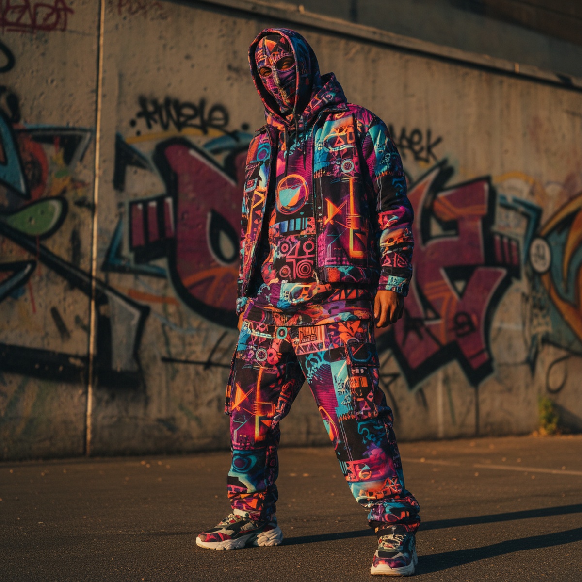 Model in abstract art shiesty mask against graffiti wall, golden hour light.