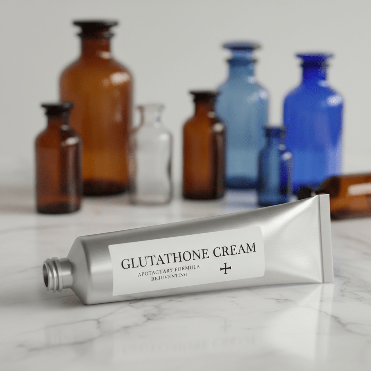 Apothecary-style aluminum tube with glutathione cream on marble counter.