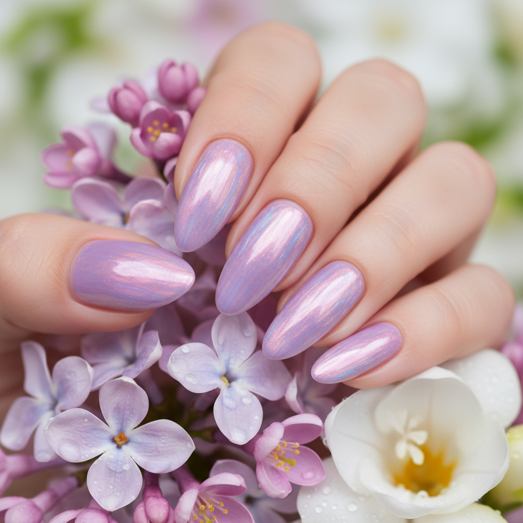 High-gloss lavender nails with pearlescent glow on spring blossoms.