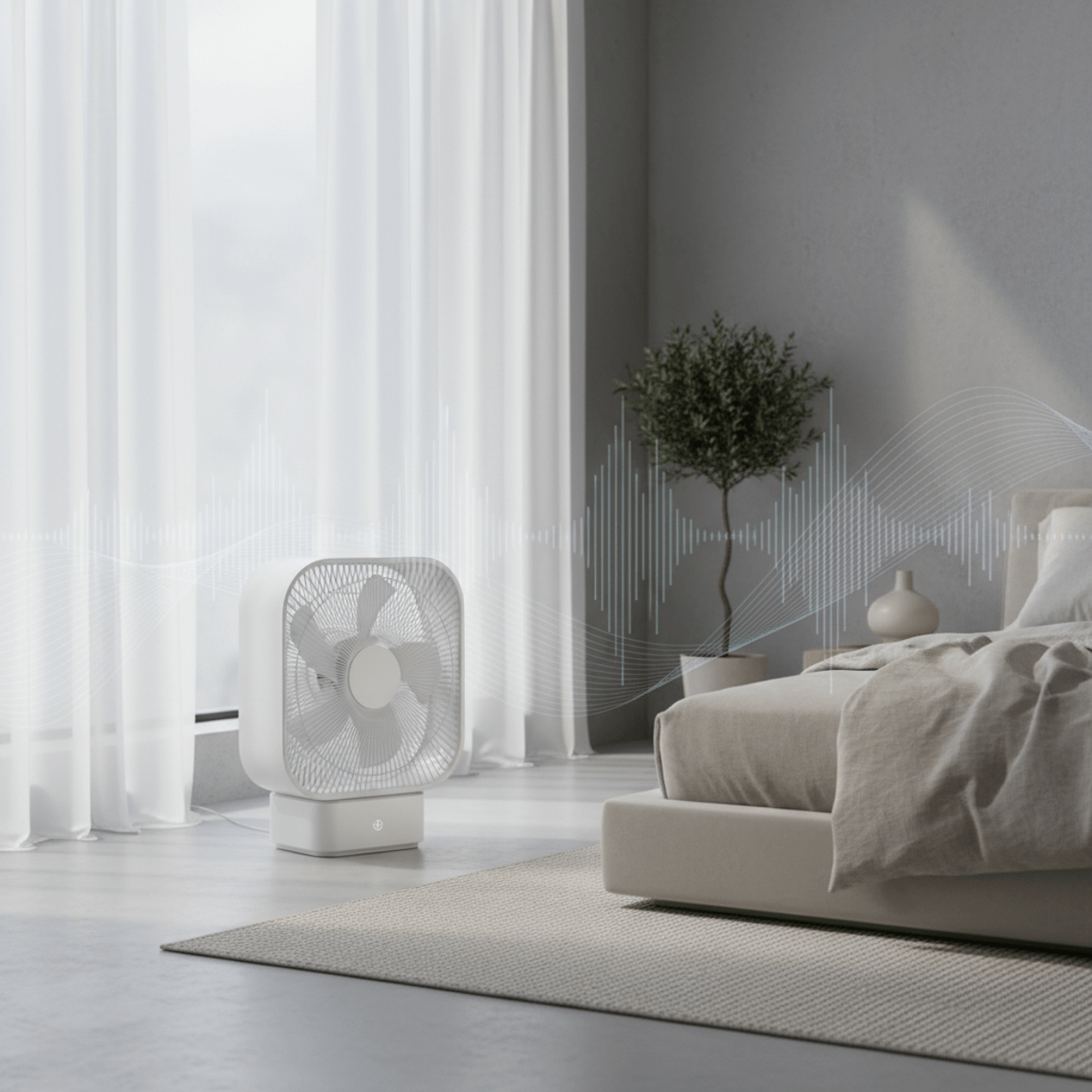 Premium quiet box fan in a minimalist bedroom Sleek box fan with aerodynamic blades in a minimalist bedroom at night.