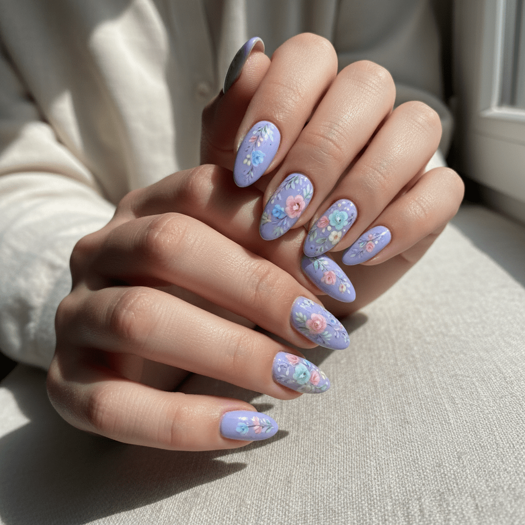 Manicured nails with periwinkle polish and delicate pastel floral nail art.