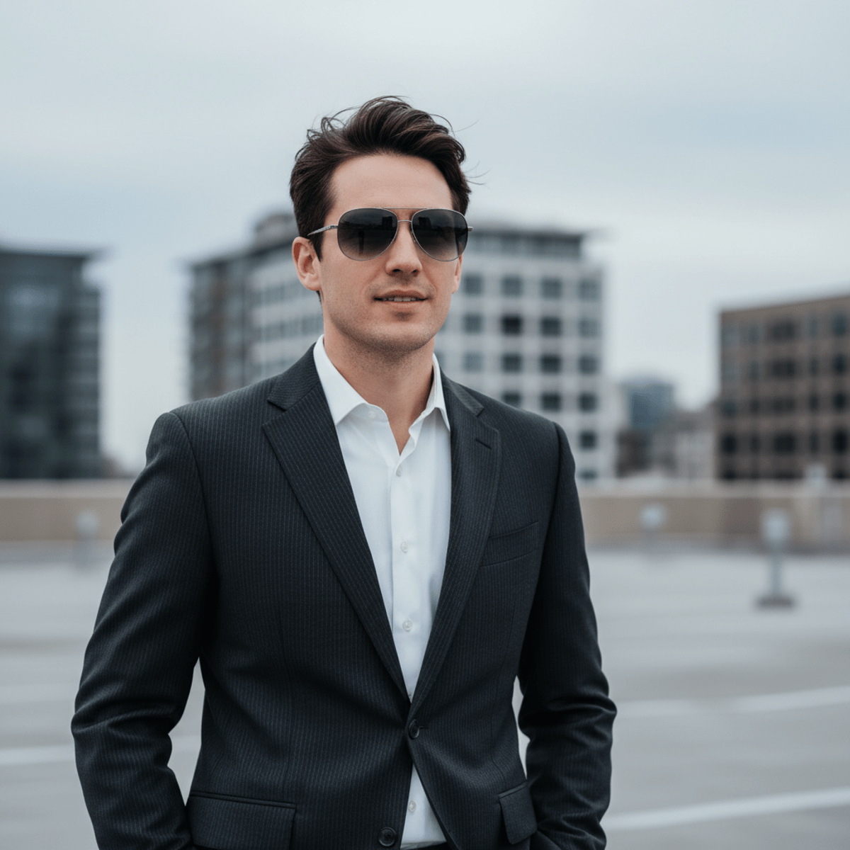 Confident man in urban setting wearing sleek metal aviator sunglasses with gradient lenses.