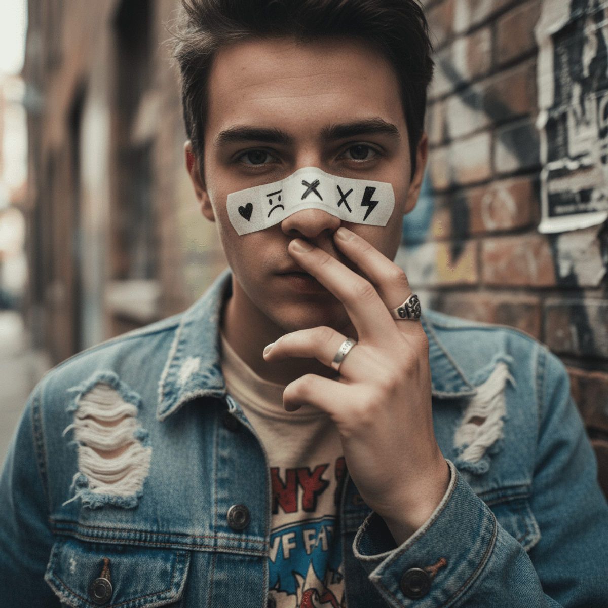 Young adult with doodle-covered bandaid on nose, expressing punk DIY art.