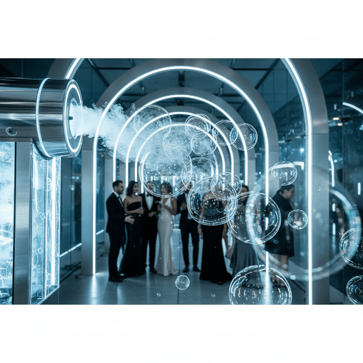 Elegant product launch finale with glowing mist-filled bubbles and silhouetted attendees.