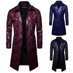 2020 new men's long dark grain fashion double breasted personality long leather coat