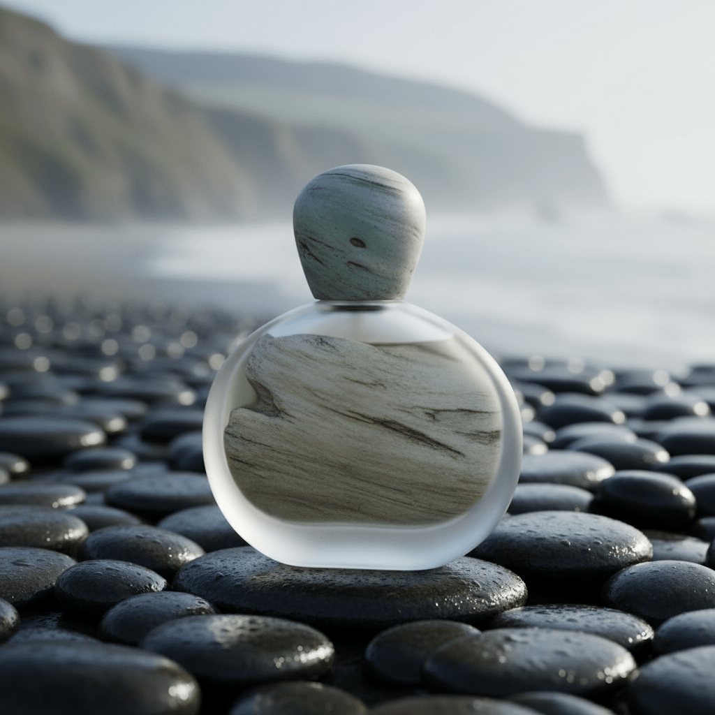 Men's cologne bottle with frosted sea-glass finish on wet river stones.