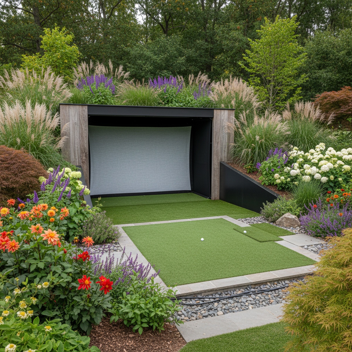 Modern outdoor golf simulator seamlessly integrated into a lush garden landscape.