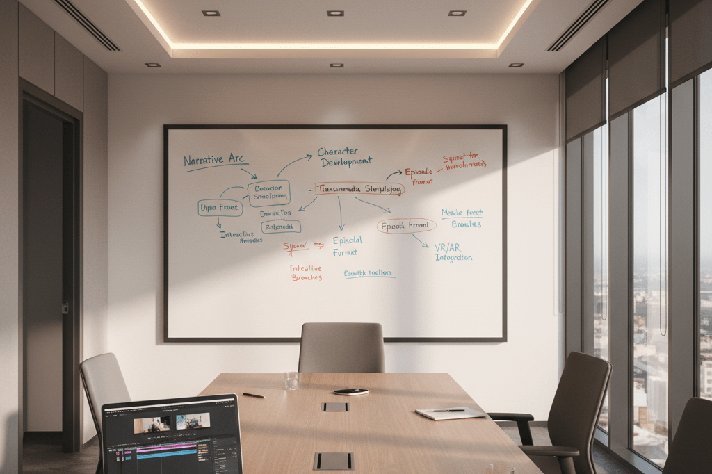 Wide shot of a creative workspace with whiteboards and laptops under natural light, symbolizing strategic format change discussions