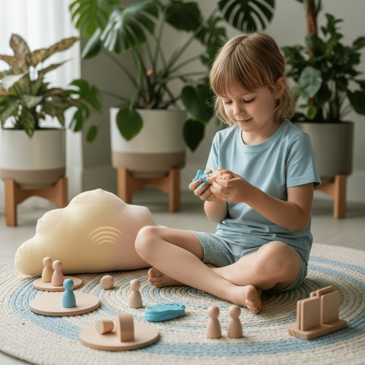 Child playing with sensory putty, board games, and breathing plush toy for mindfulness.