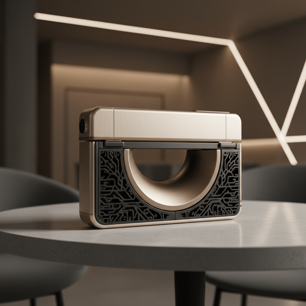 Expanded sliding phone with acoustic chamber and intricate speaker patterns.