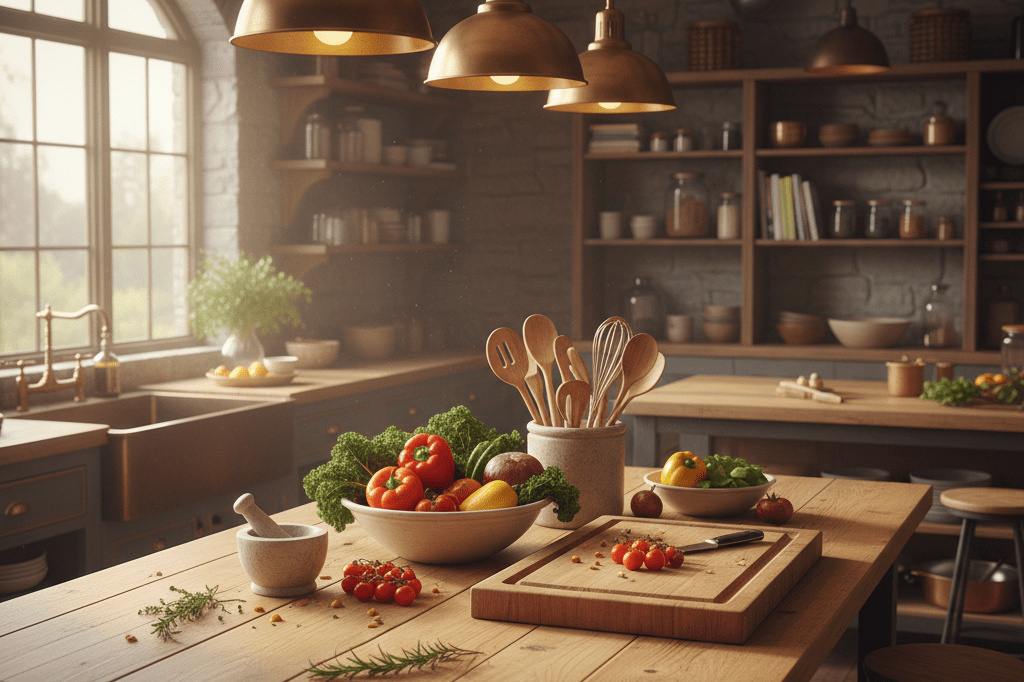 Cozy culinary workspace with herbs and tools under natural light, symbolizing collaborative success