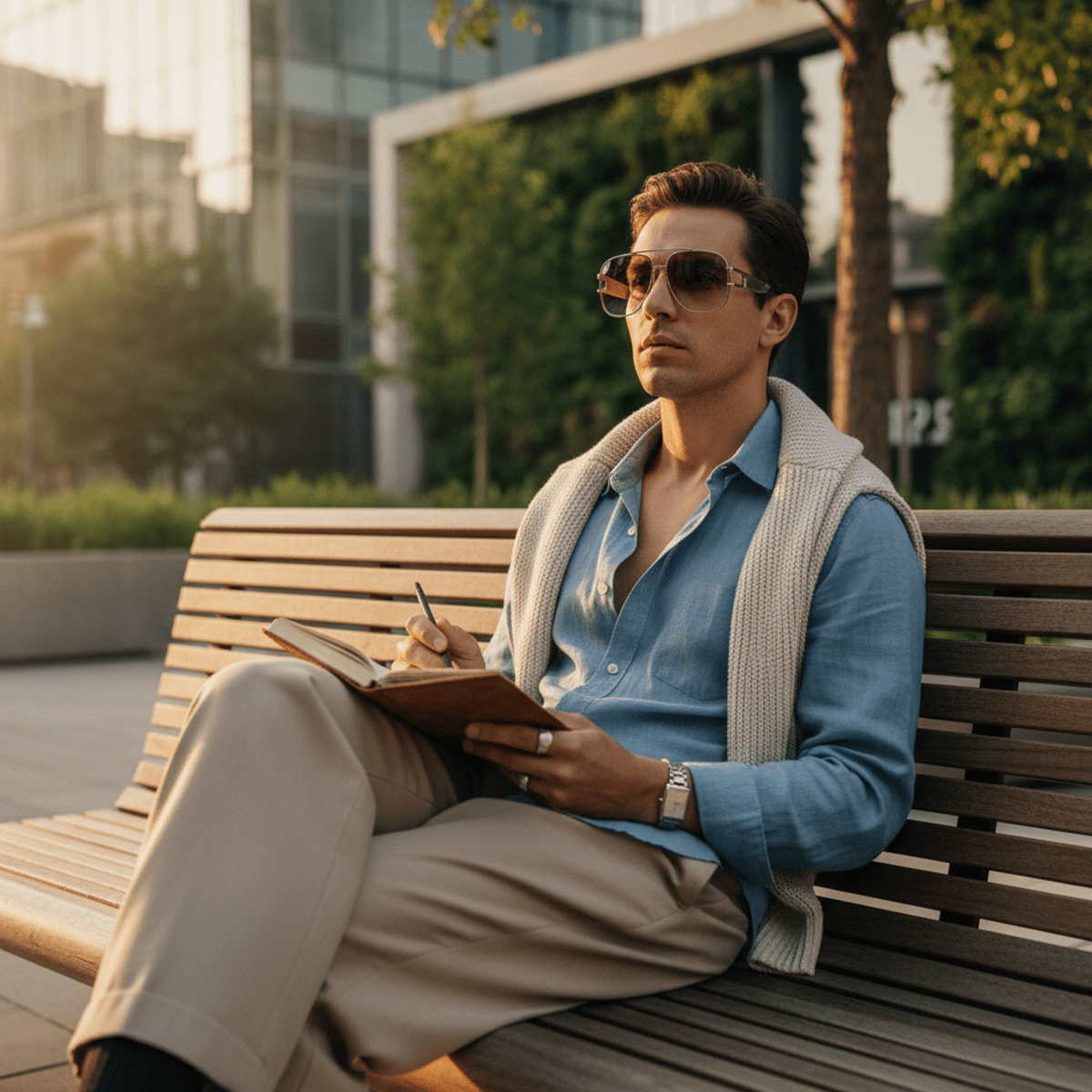 Stylish male artist in golden hour light wearing aviator glasses with gradient lenses.
