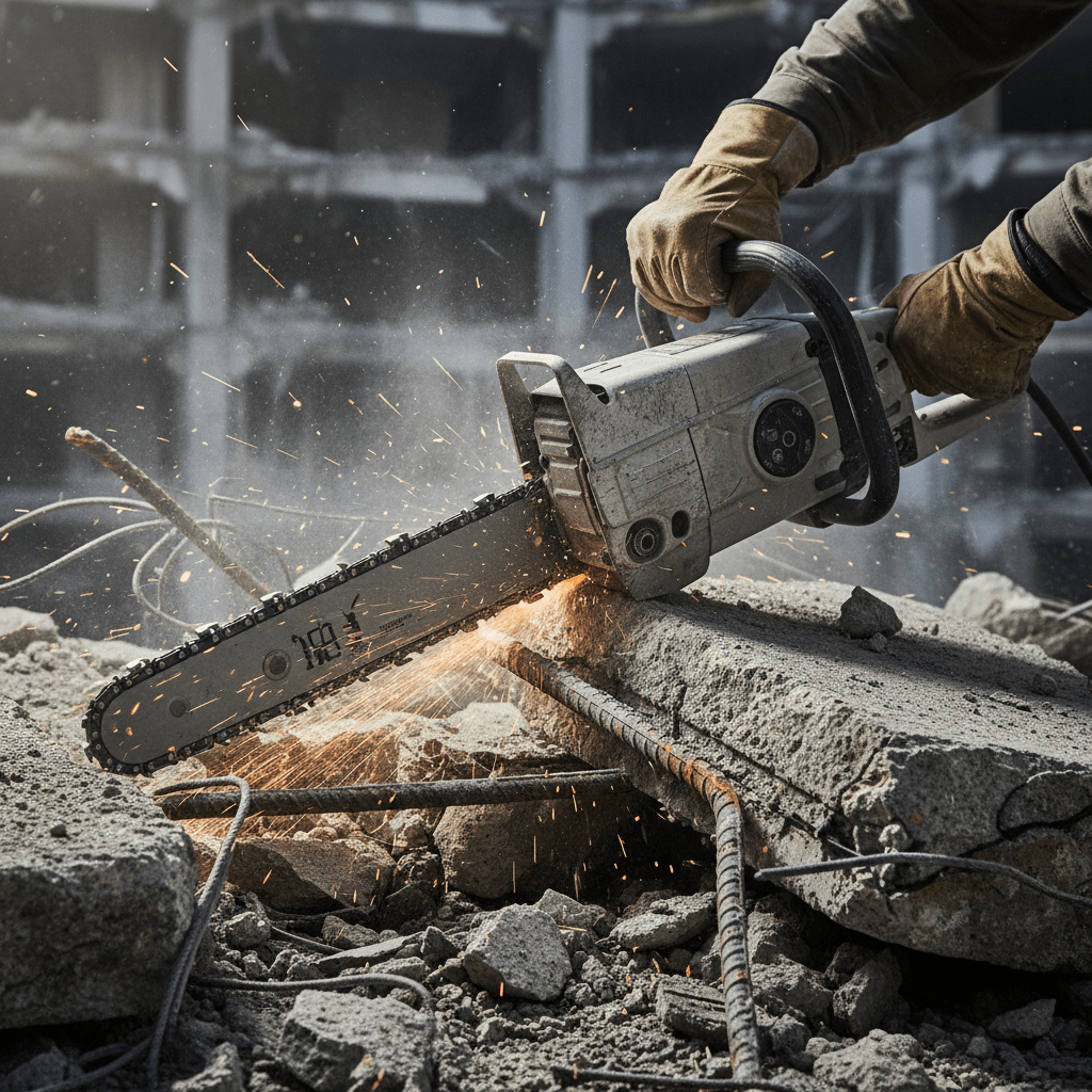 Heavy-duty concrete chainsaw cuts rebar-reinforced rubble in emergency rescue.