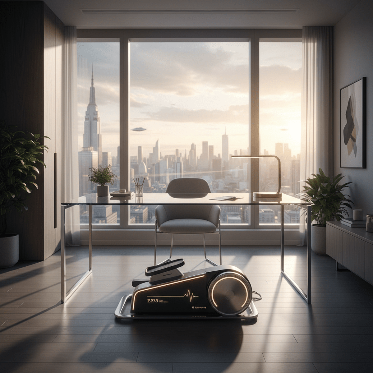 Futuristic under-desk elliptical integrated into a modern home wellness setup.