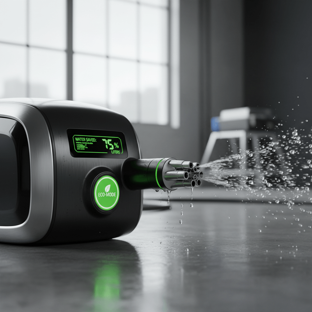 Advanced nozzle engineering on a futuristic car pressure washer with green eco-mode.