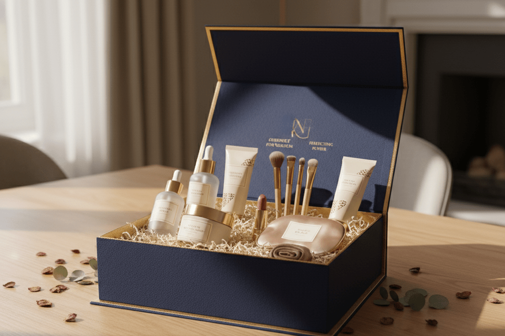 Open luxury beauty box with assorted premium products under natural light, representing seasonal retail strategy