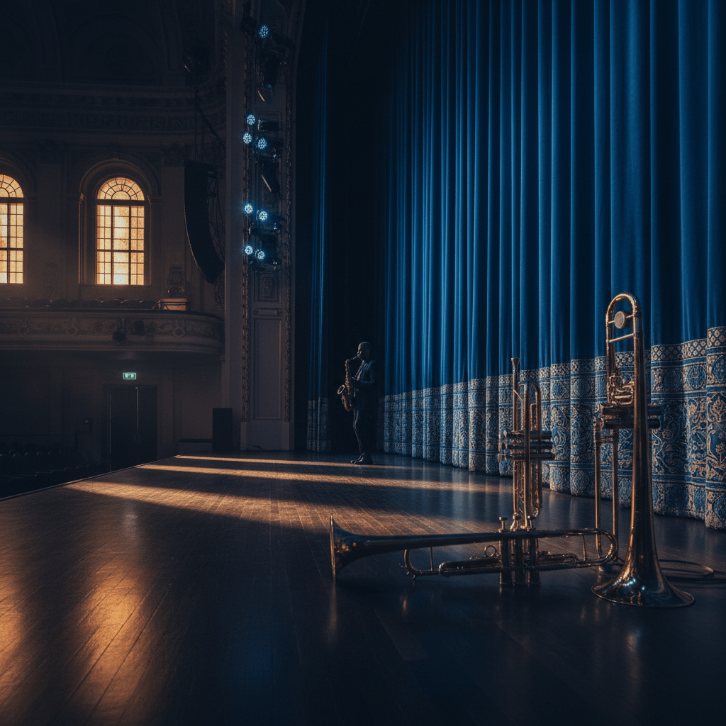 Jazz musician silhouetted in a twilight concert hall with deep blue velvet curtains.