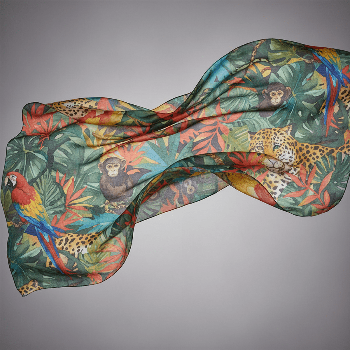 Flowing bohemian scarf with vibrant jungle prints and animal motifs in watercolor.