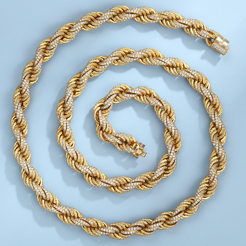 Hiphop Jewelry Stainless Steel Link Solid 18K Yellow Gold Filled Men's 10mm Cubic Zirconia Diamond Cut Rope Chain Necklace