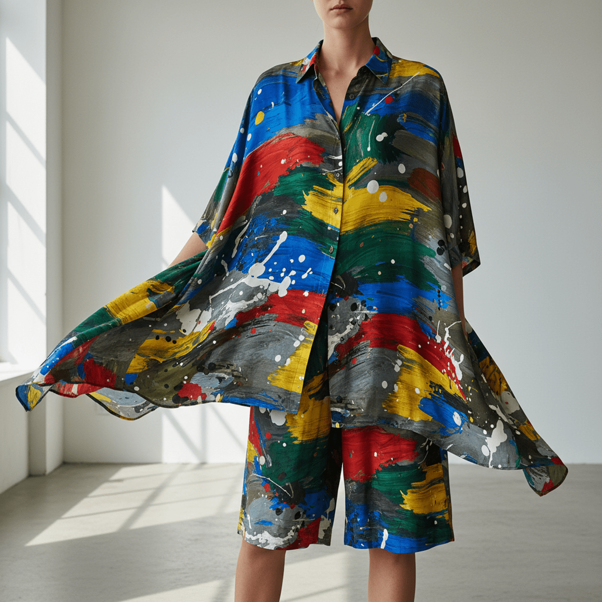 Flowy Tencel co-ords featuring bold abstract brushstrokes and vibrant earth tones.