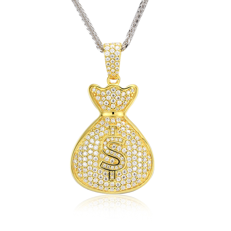 AAA GEMS Hip Hop Yellow Gold Round Cut 1.5 ct Micro Pave Diamond Money Bag Dollar Sign Charm Pendant for Men