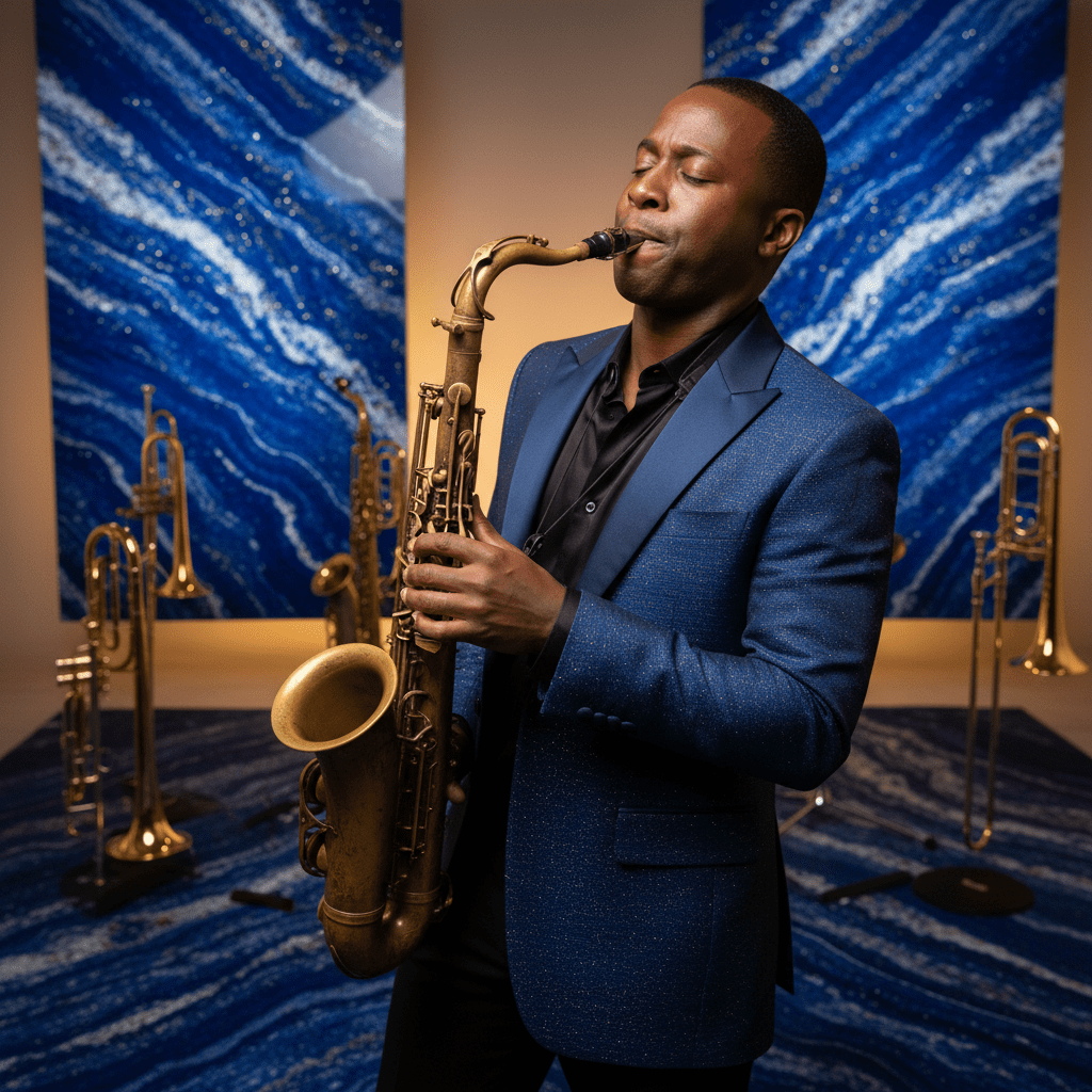 Jazz musician in a blue suit performs with brass instruments in a studio.