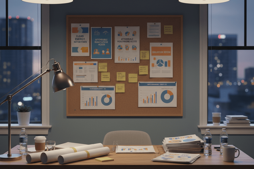 Bulletin board with policy infographics and handwritten notes under warm ambient light, representing effective communication strategies