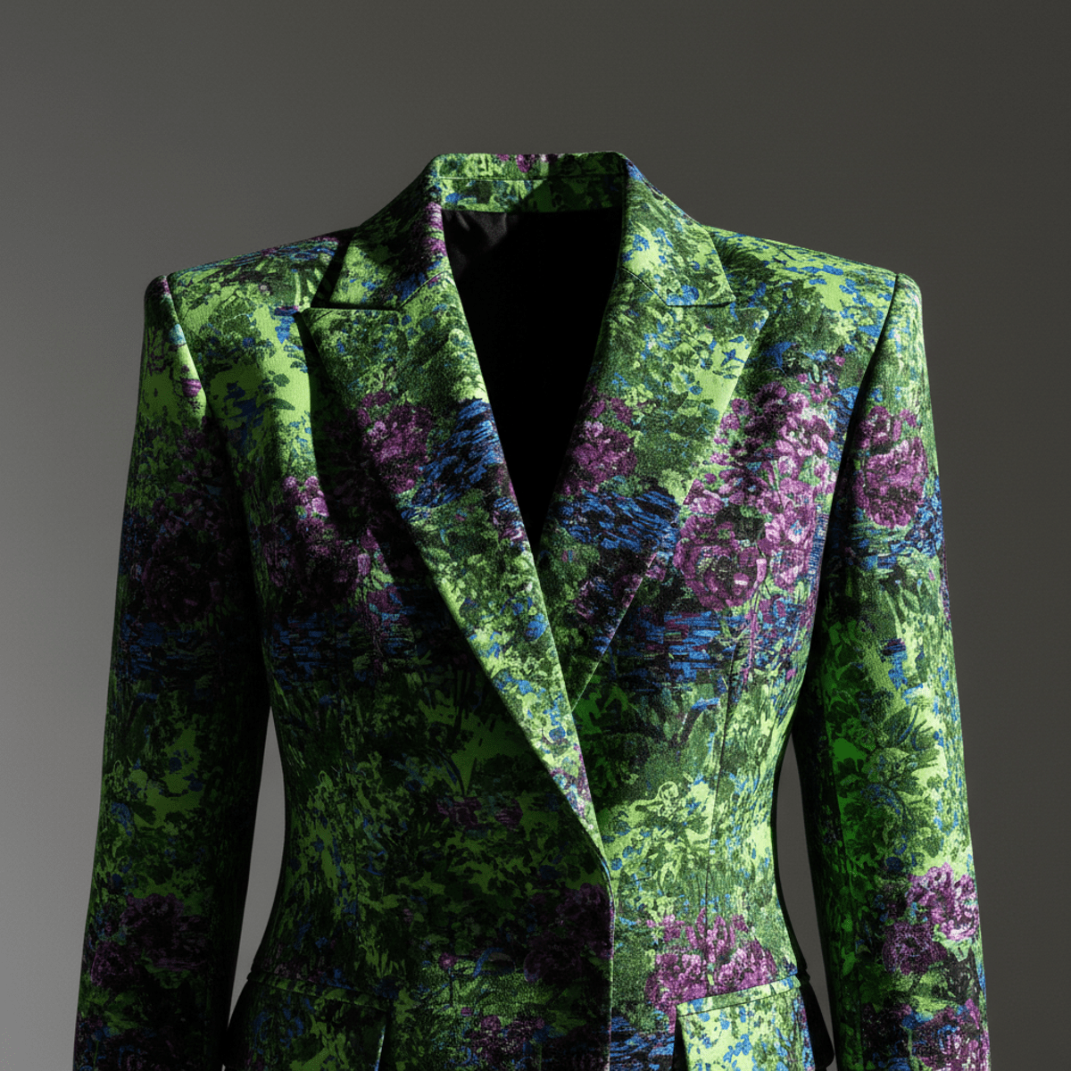 Sharp-shouldered blazer with abstract AI garden scene in neon greens and purples.
