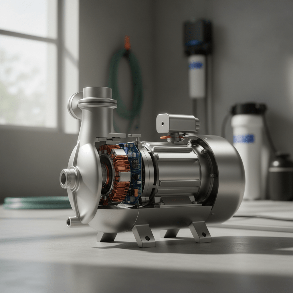Cutaway view of advanced shallow well water pump with brushless DC motor.