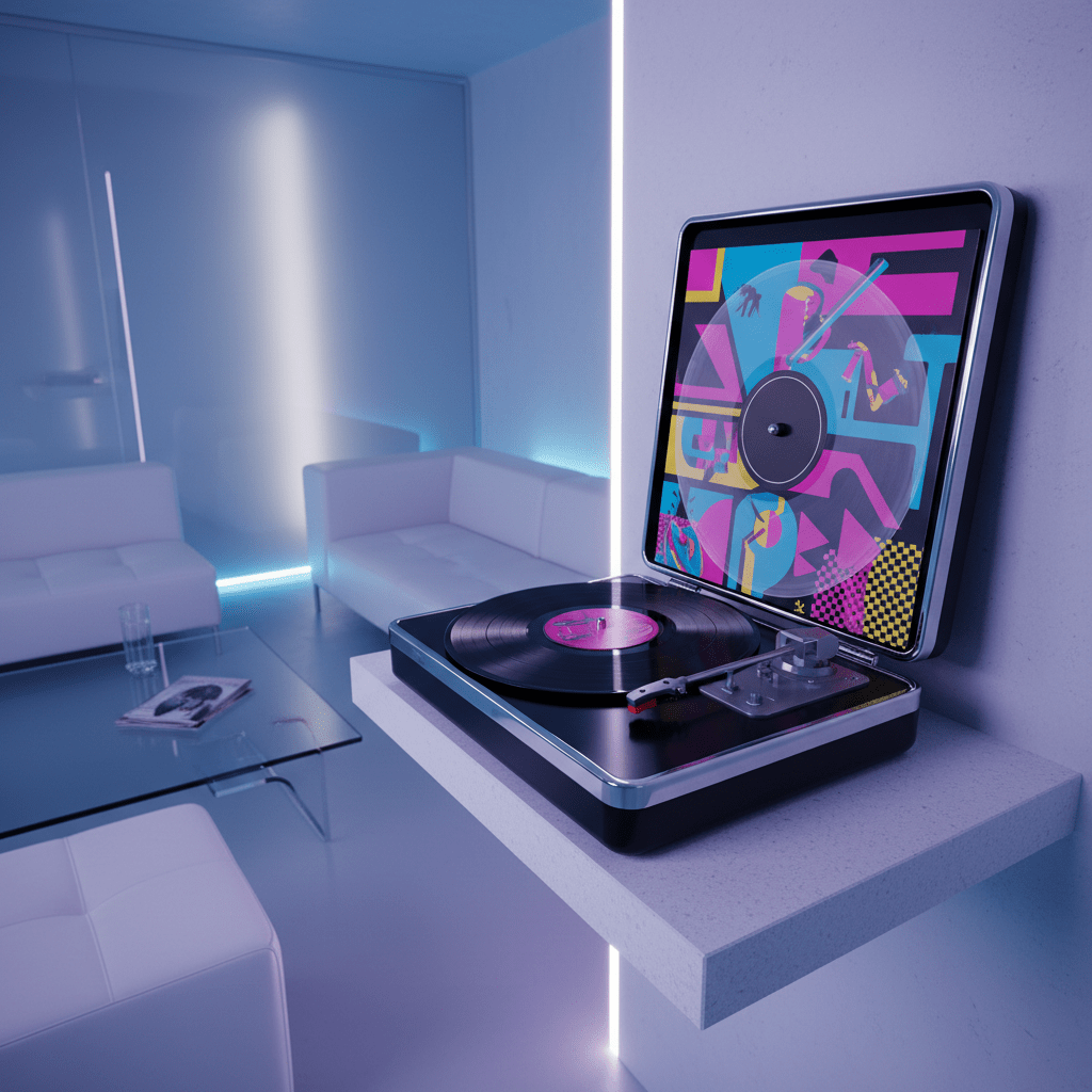 Futuristic vertical LP player setup with neon glow. Compact vertical LP player on a floating shelf with neon lighting.