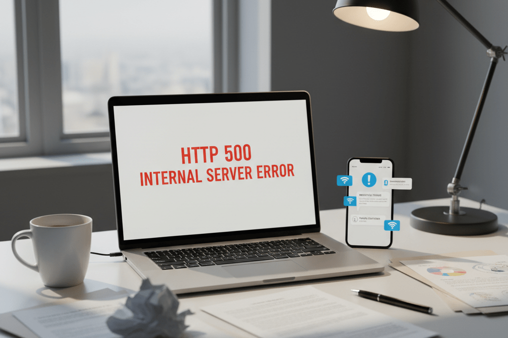 Office desk scene during AI service outage disruption Modern office desk setup showing signs of technical failure and workflow disruption caused by system outages