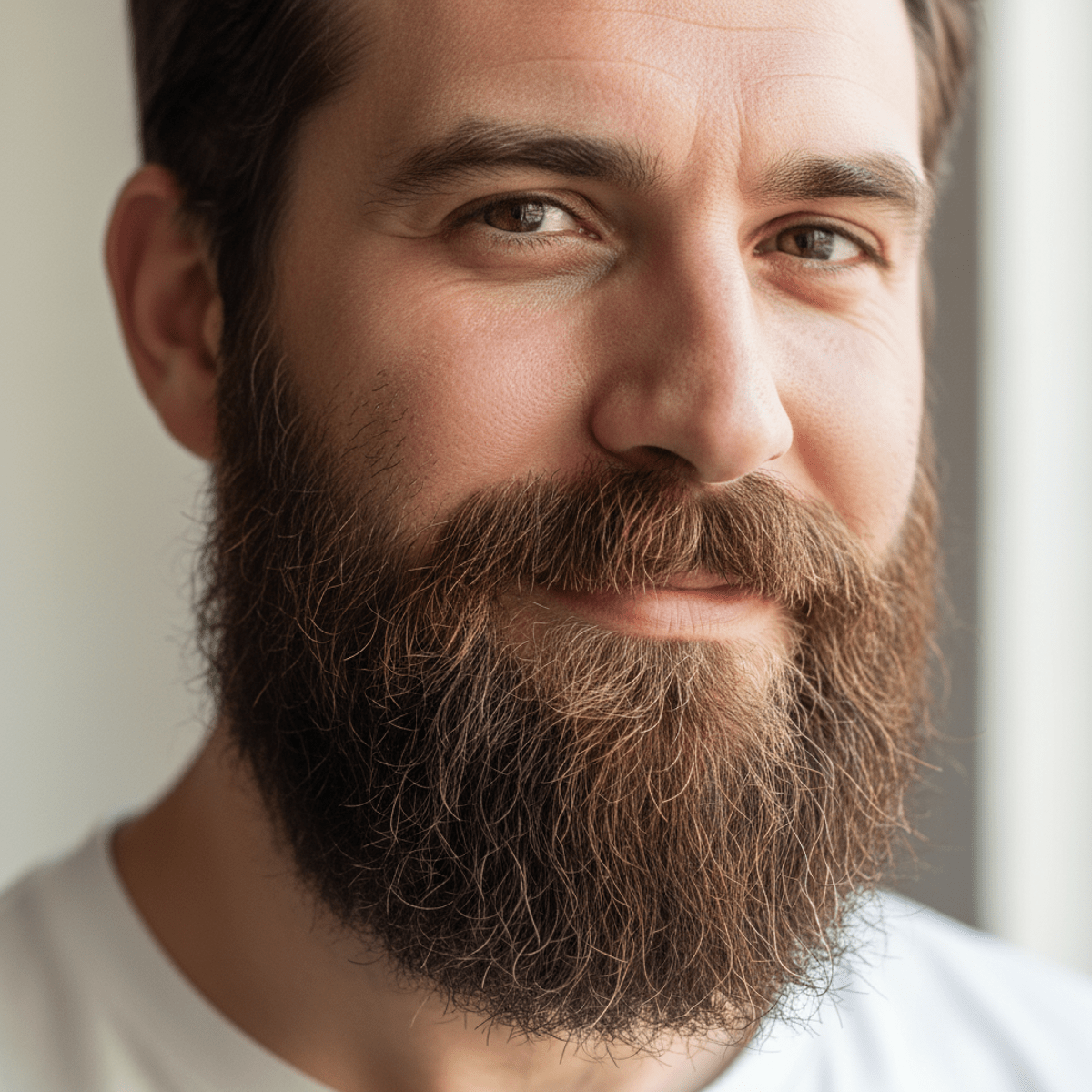Close-up portrait of a man with a thick, healthy beard in warm brown and chestnut shades.