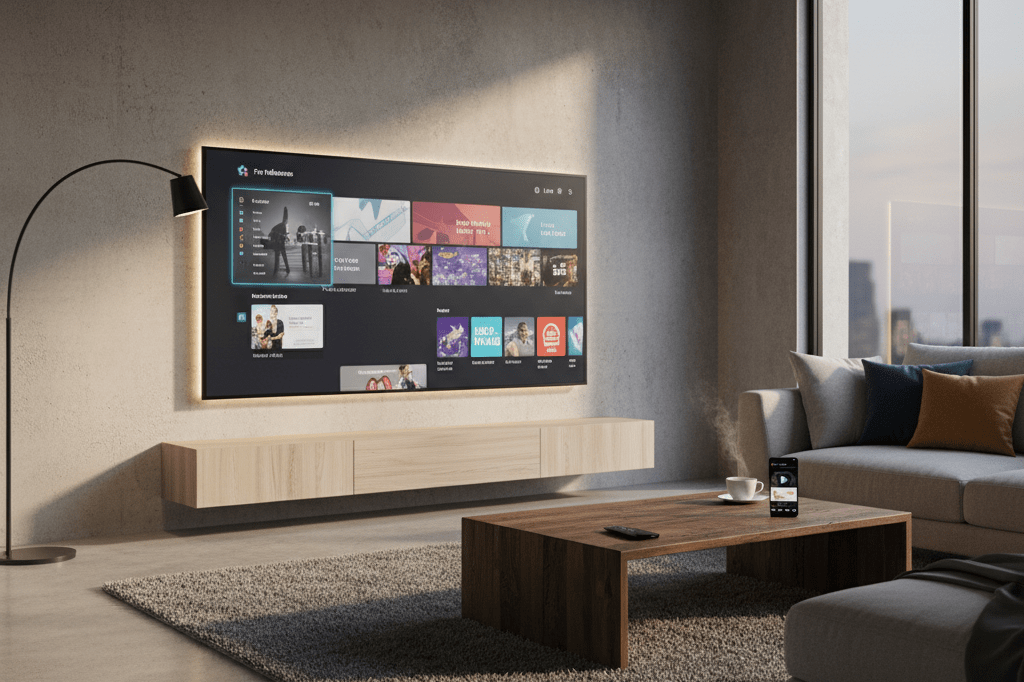 Flat-screen TV displaying streaming homepage, coffee table with remotes and tea under soft ambient lighting, highlighting evolving content consumption trends