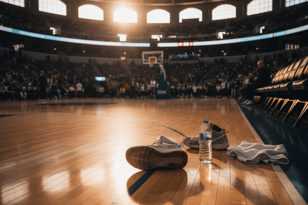 Wide shot of a basketball court with scattered gear under natural and ambient light, symbolizing strategic preparation and competitive momentum